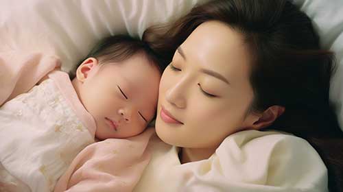眠っている赤ちゃんと母親