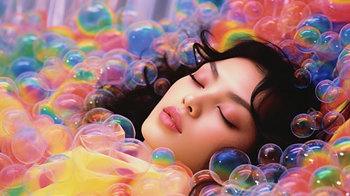 虹色のシャボン玉の中で眠る女性