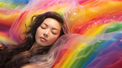 虹の中で眠る女性