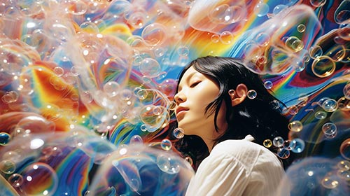 幻想的なシャボン玉の中の女性