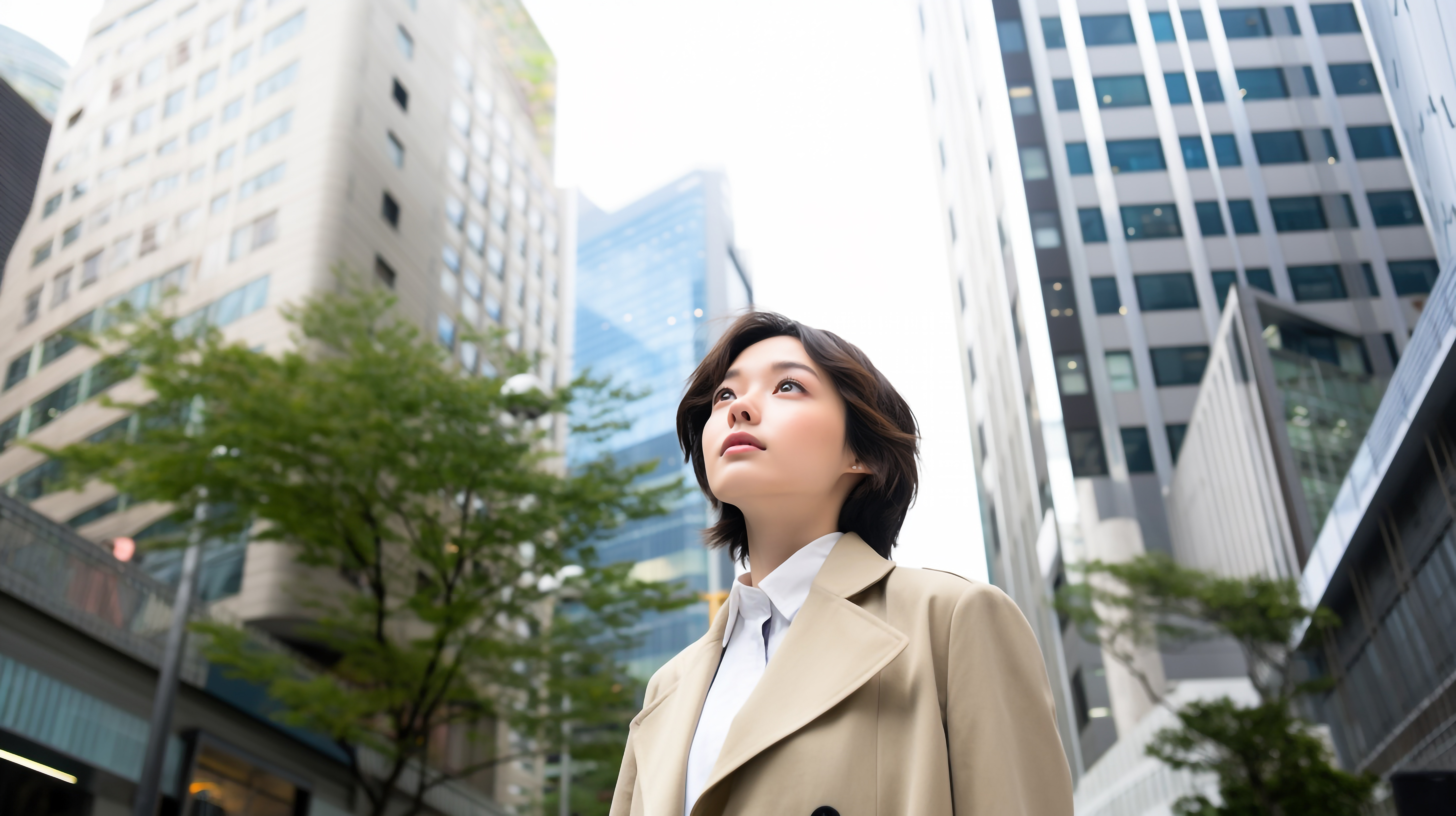 都会の空を眺める若い女性