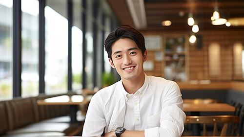 カフェで笑顔の若い男性
