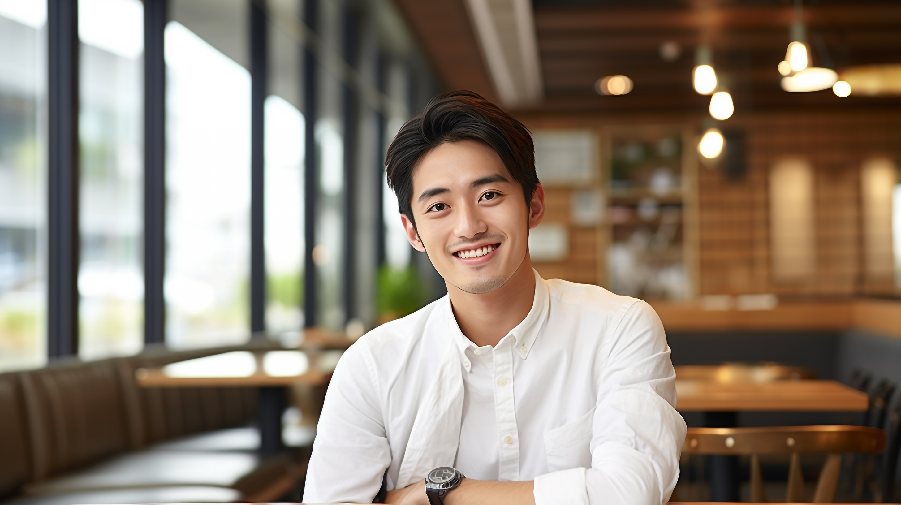 カフェで笑顔の若い男性