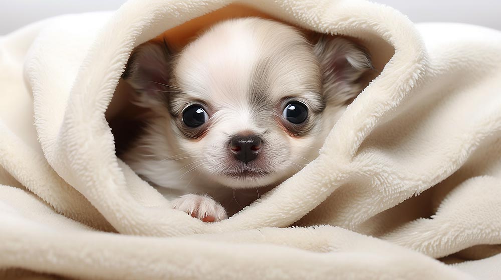 毛布に包まれたチワワの子犬
