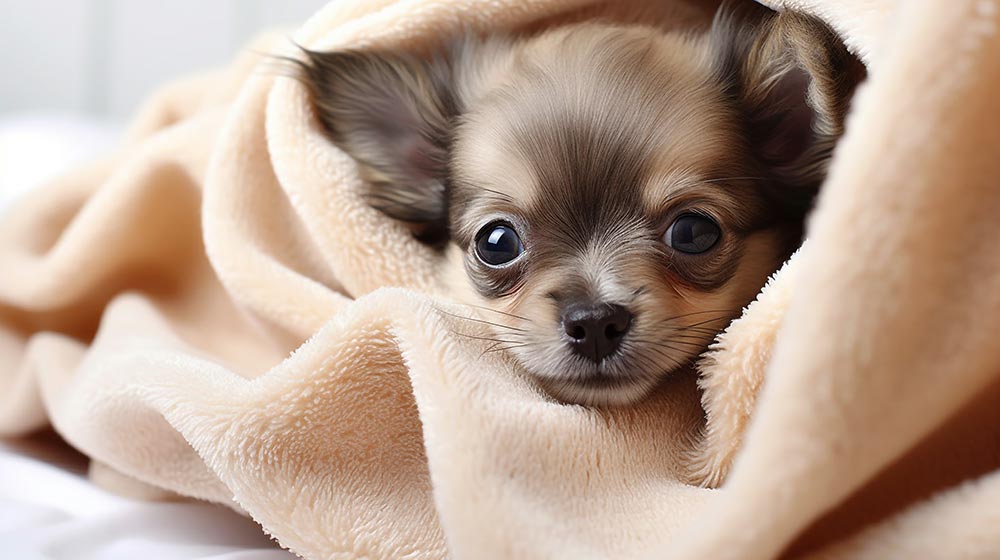 毛布に包まれたチワワの子犬