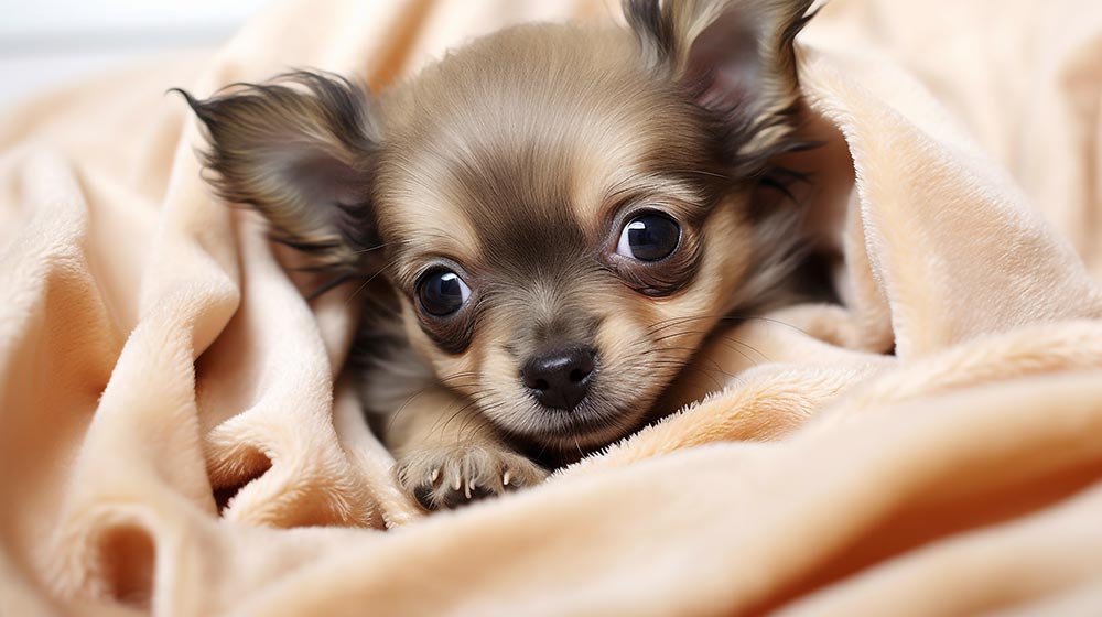 毛布に包まれたチワワの子犬