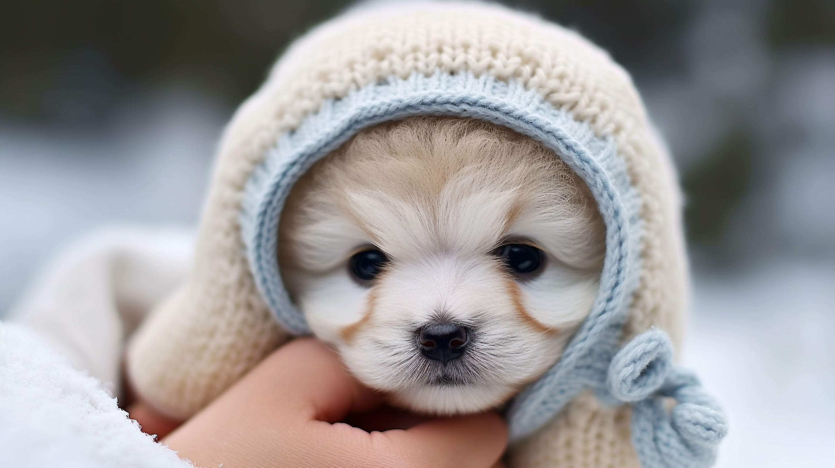 ニットの帽子をかぶった可愛い子犬