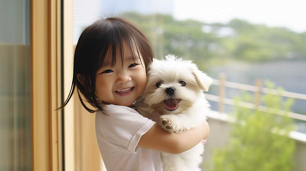 子犬を抱っこする幼児