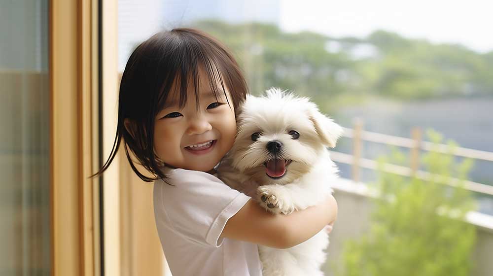 子犬を抱っこする幼児