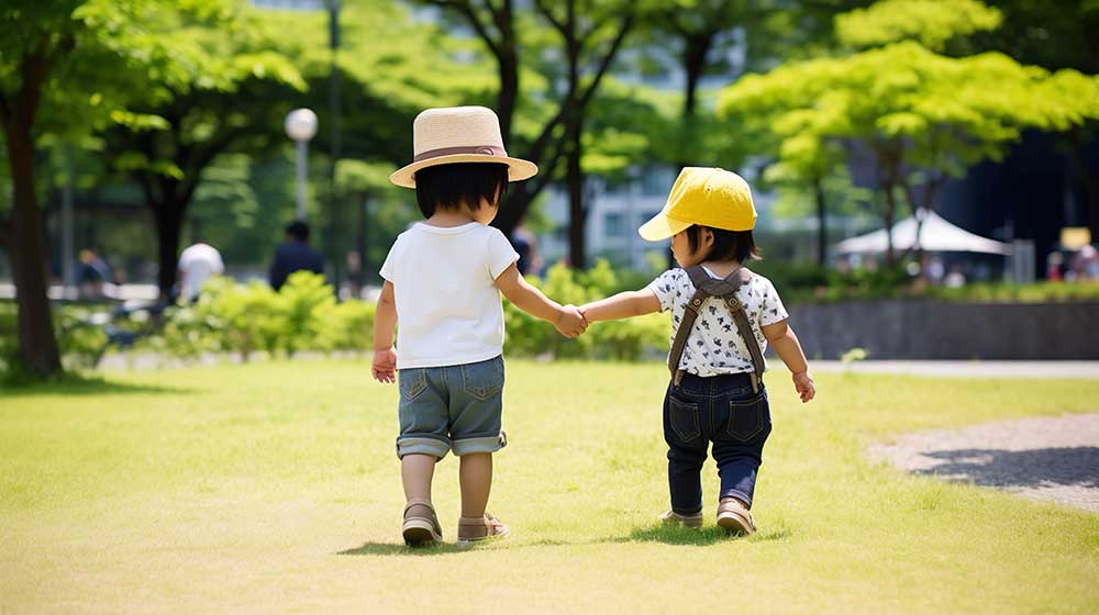 手をつないでお散歩中の兄弟