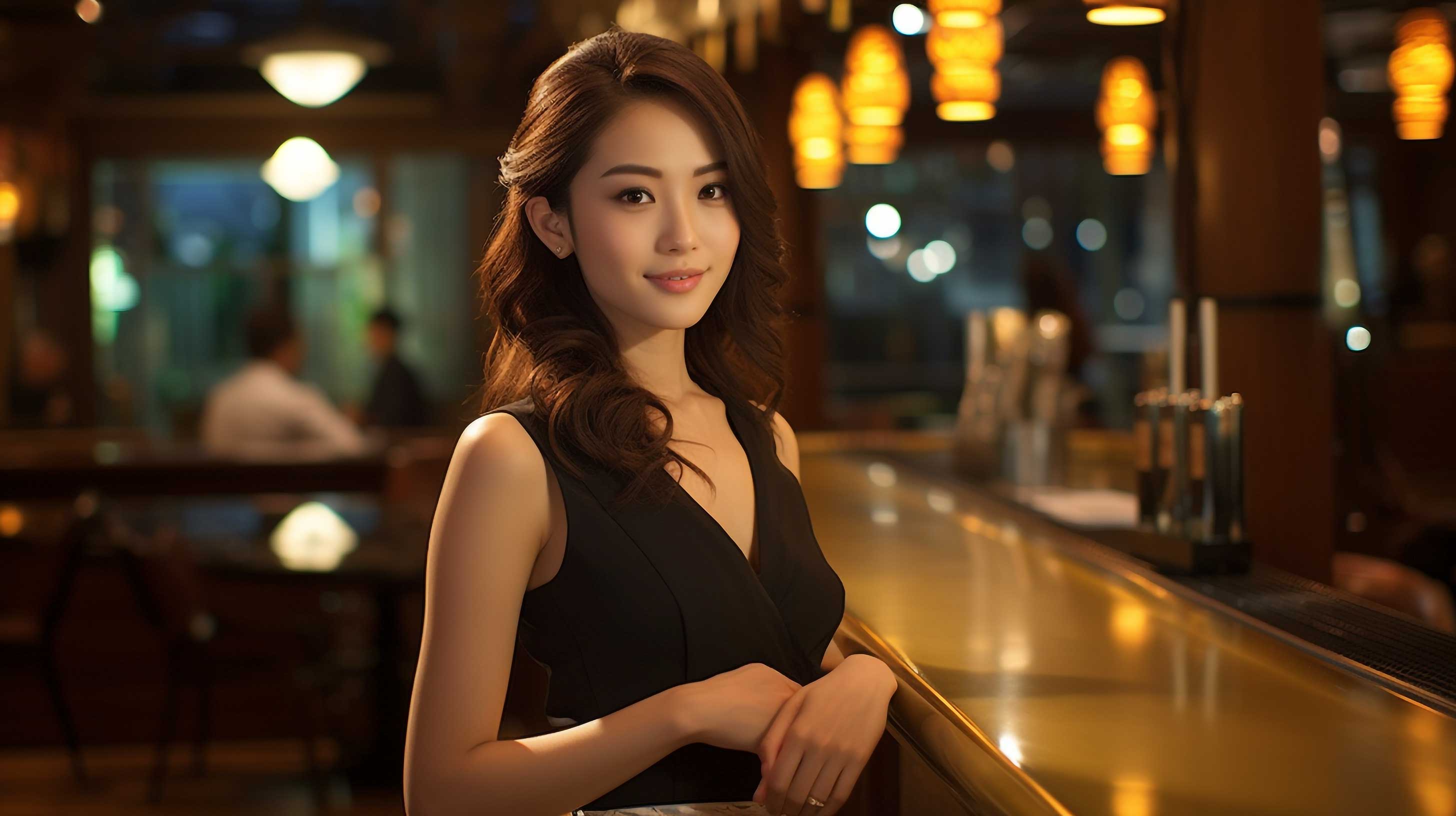 黒いドレスを着たバーラウンジの若い女性