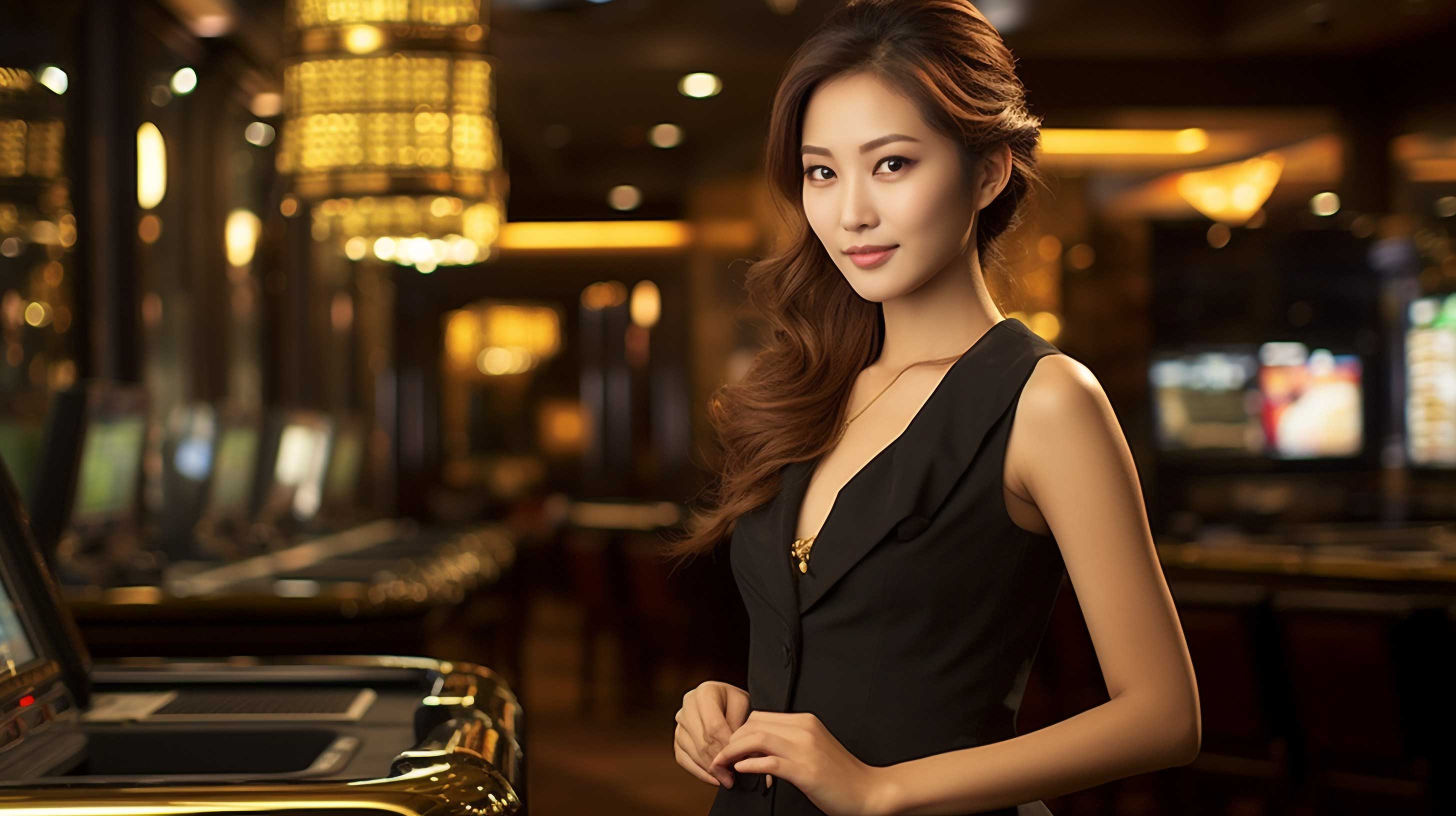 黒いドレスを着たカジノの若い女性