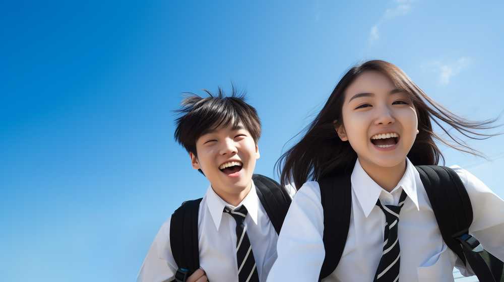 青空の下で走る学生たち