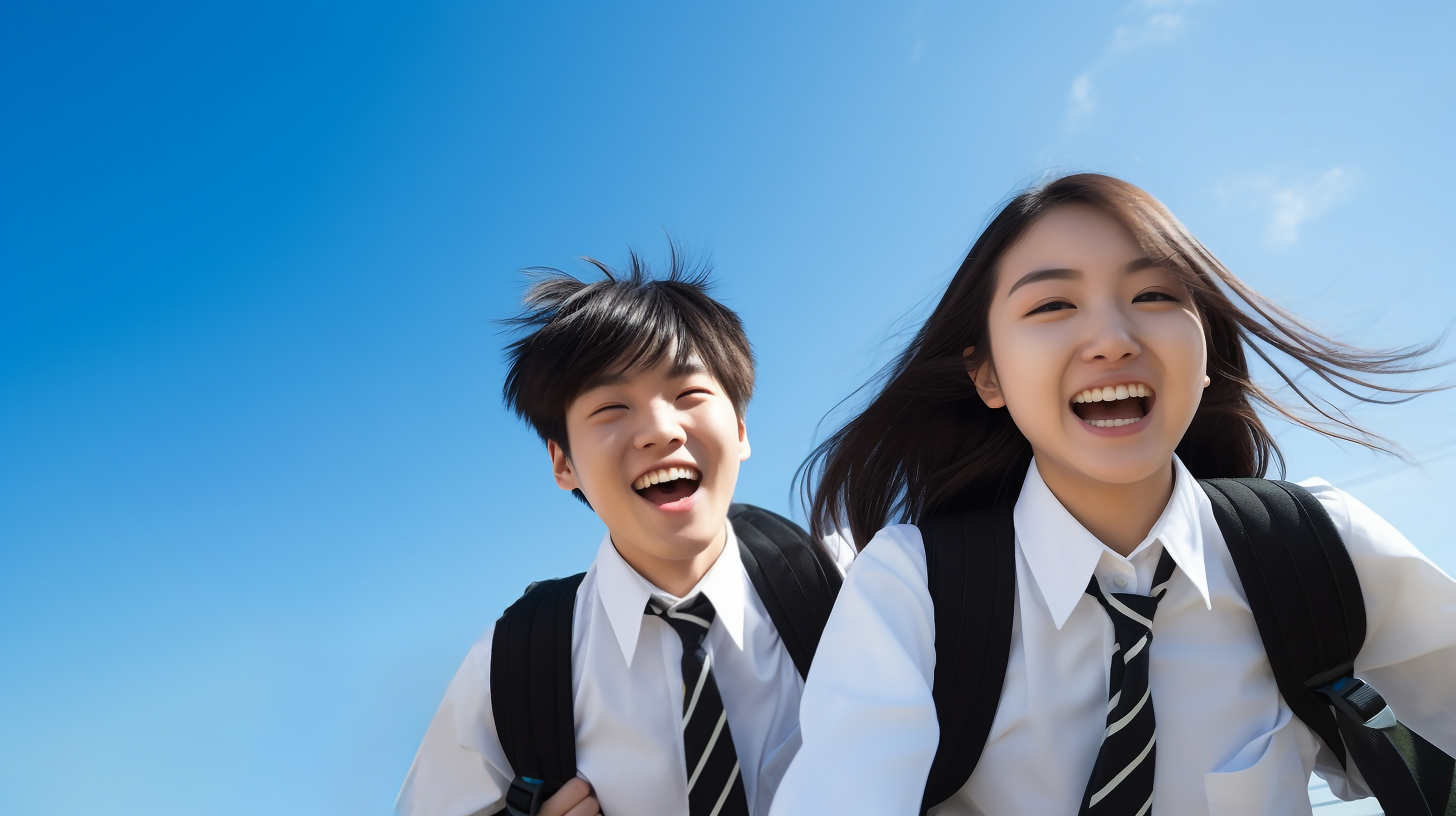 青空の下で走る学生たち