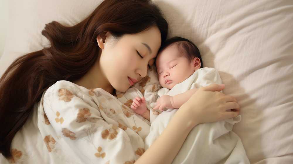 お昼寝中の母親と赤ちゃん