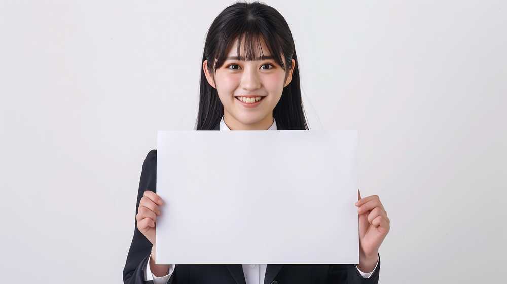 白いボードを持った女性社員