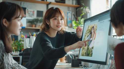 パソコンの前で打ち合わせ中の女性社員たち
