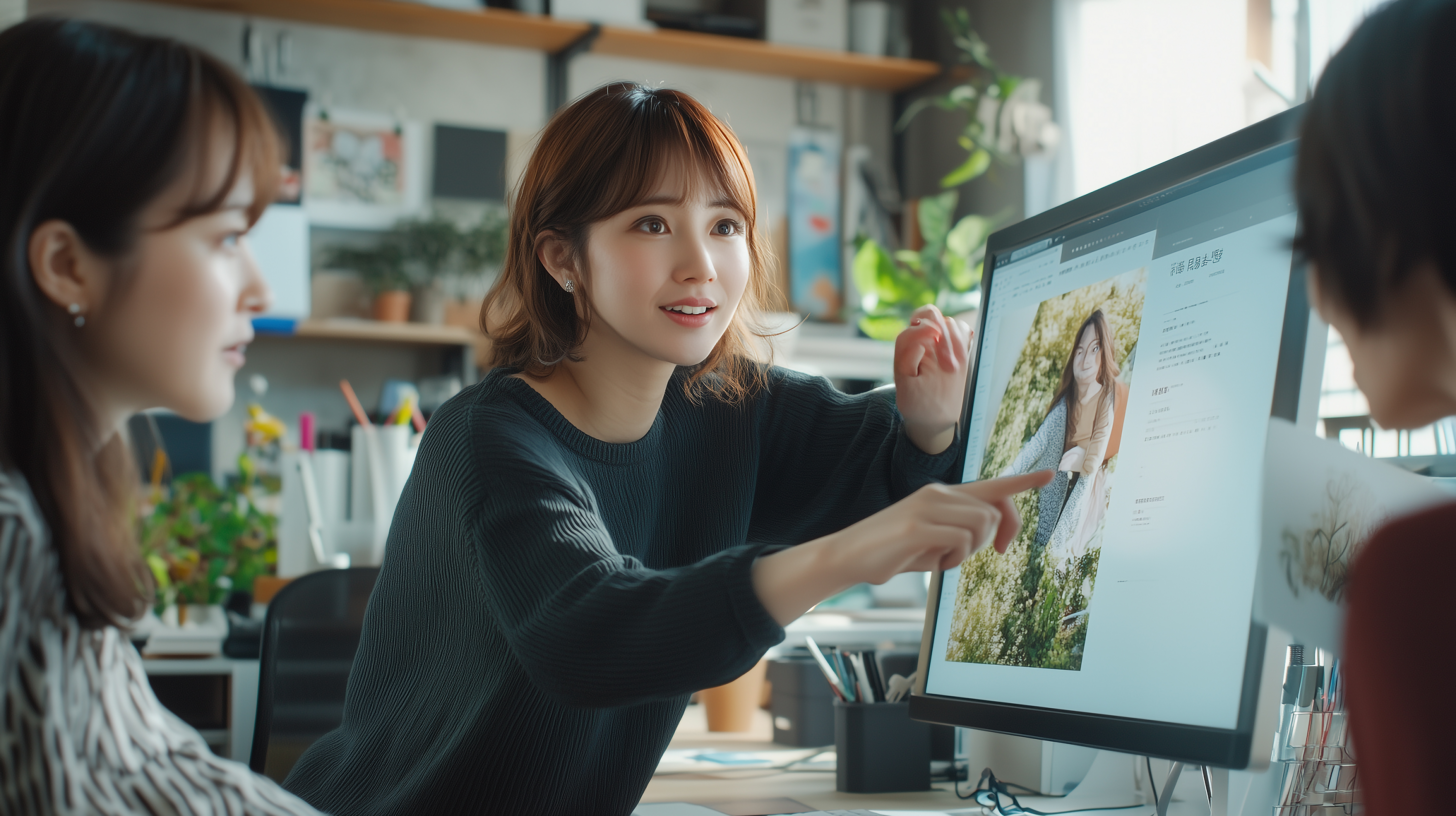 パソコンの前で打ち合わせ中の女性社員たち