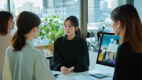パソコンで打ち合わせ中の女性社員たち