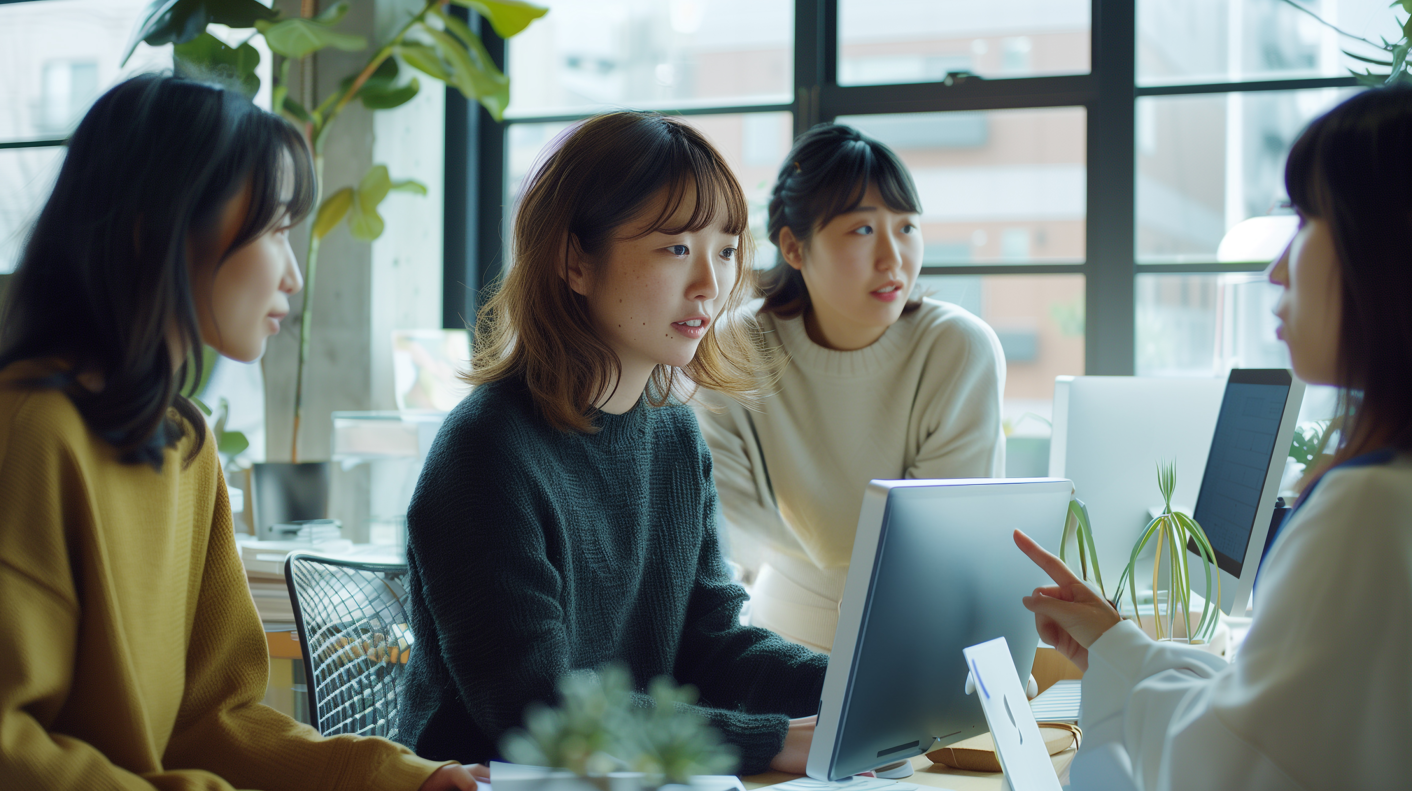 パソコンで打ち合わせ中の女性社員たち