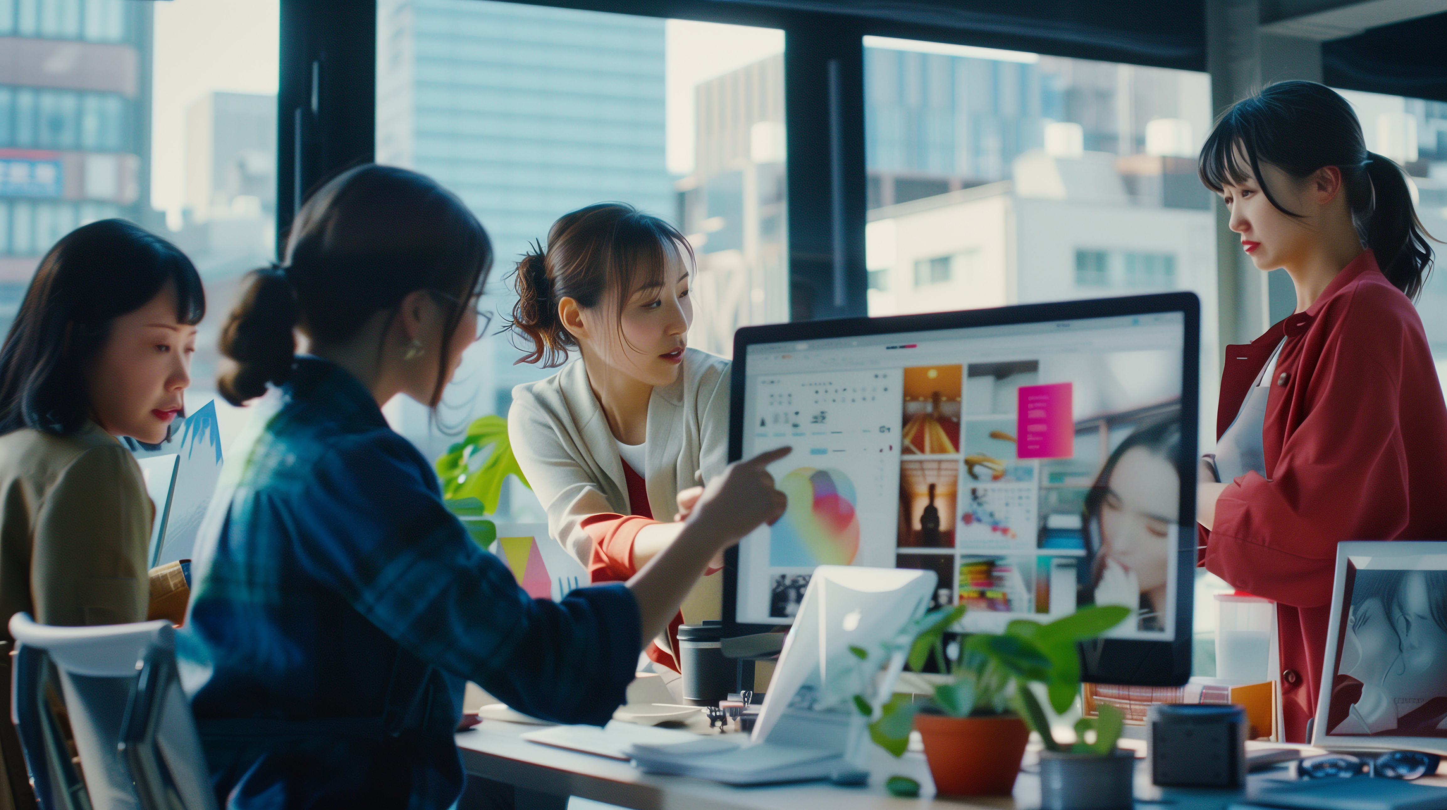 パソコンで打ち合わせ中の女性社員たち