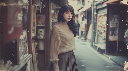昭和レトロな街と若い女性