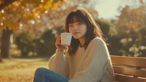 秋の公園でコーヒーを飲む若い女性