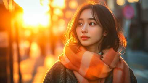 夕暮れの街とマフラーの女性