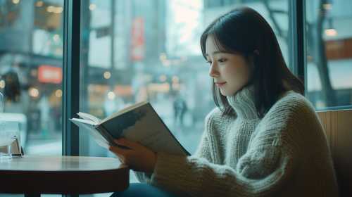 カフェで読書を楽しむ女性