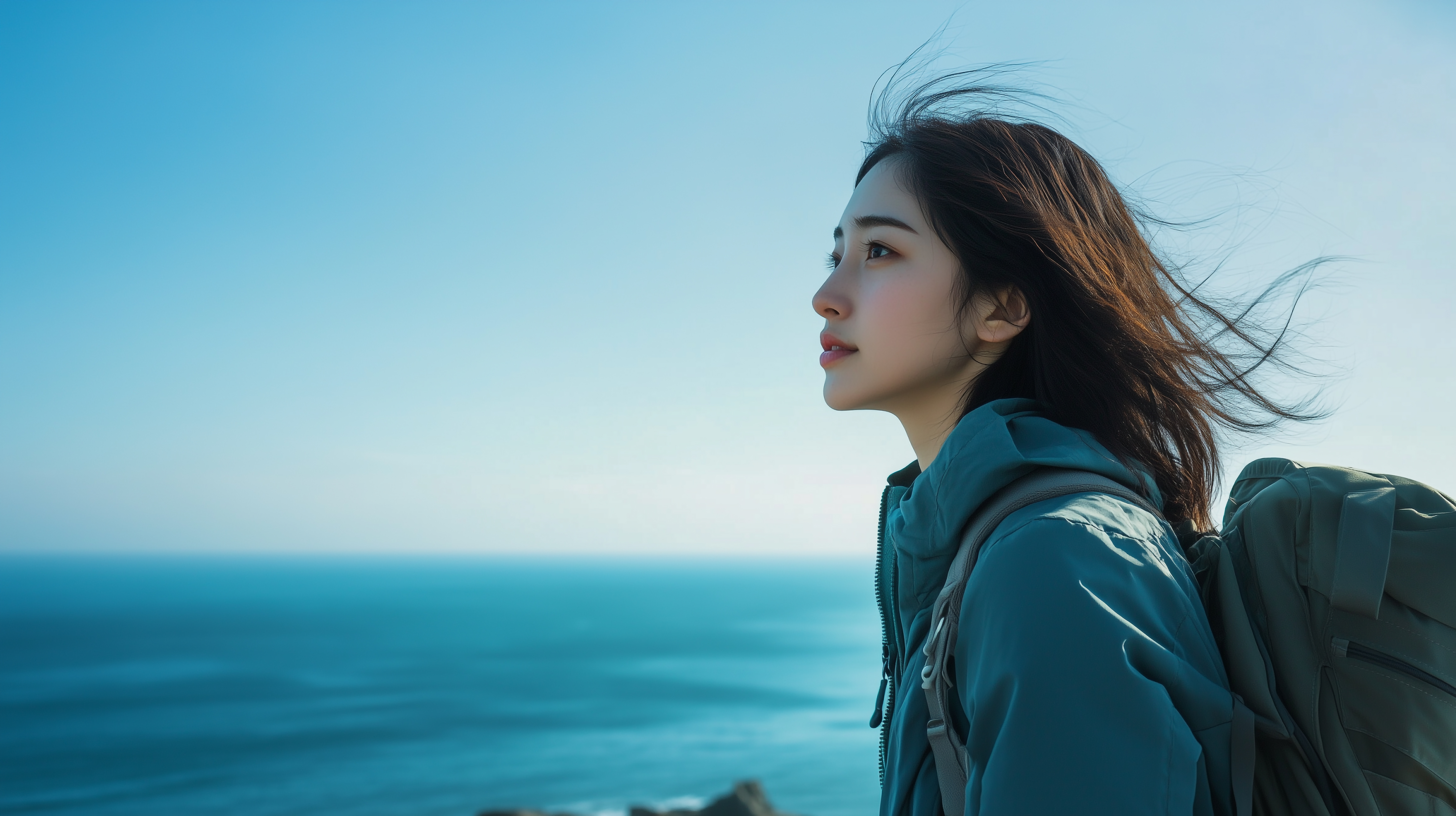 海を眺める若い女性