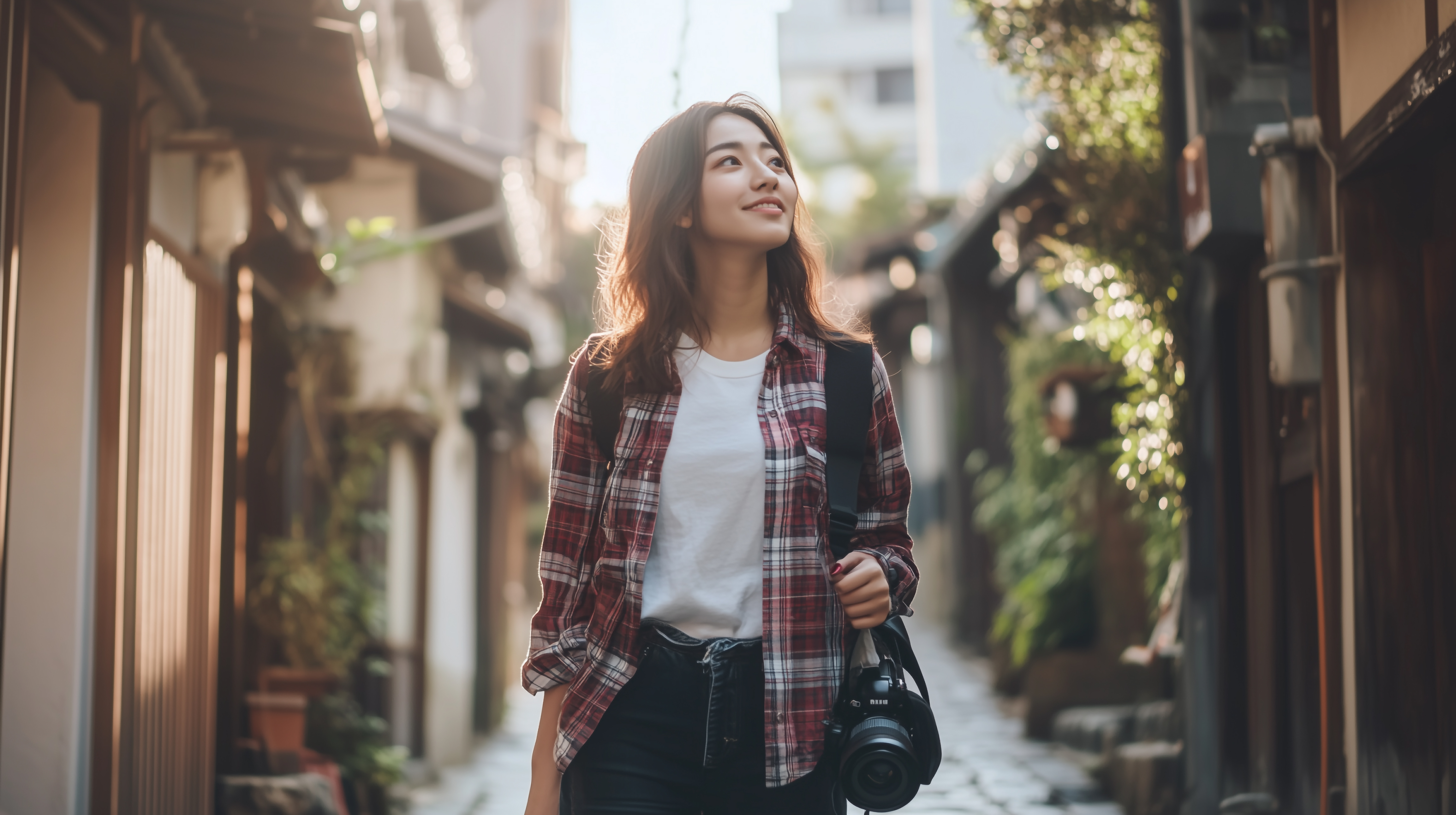 伝統的な街並みを歩く女性