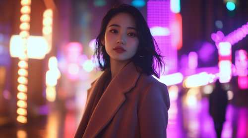 ネオン輝く夜の街と女性