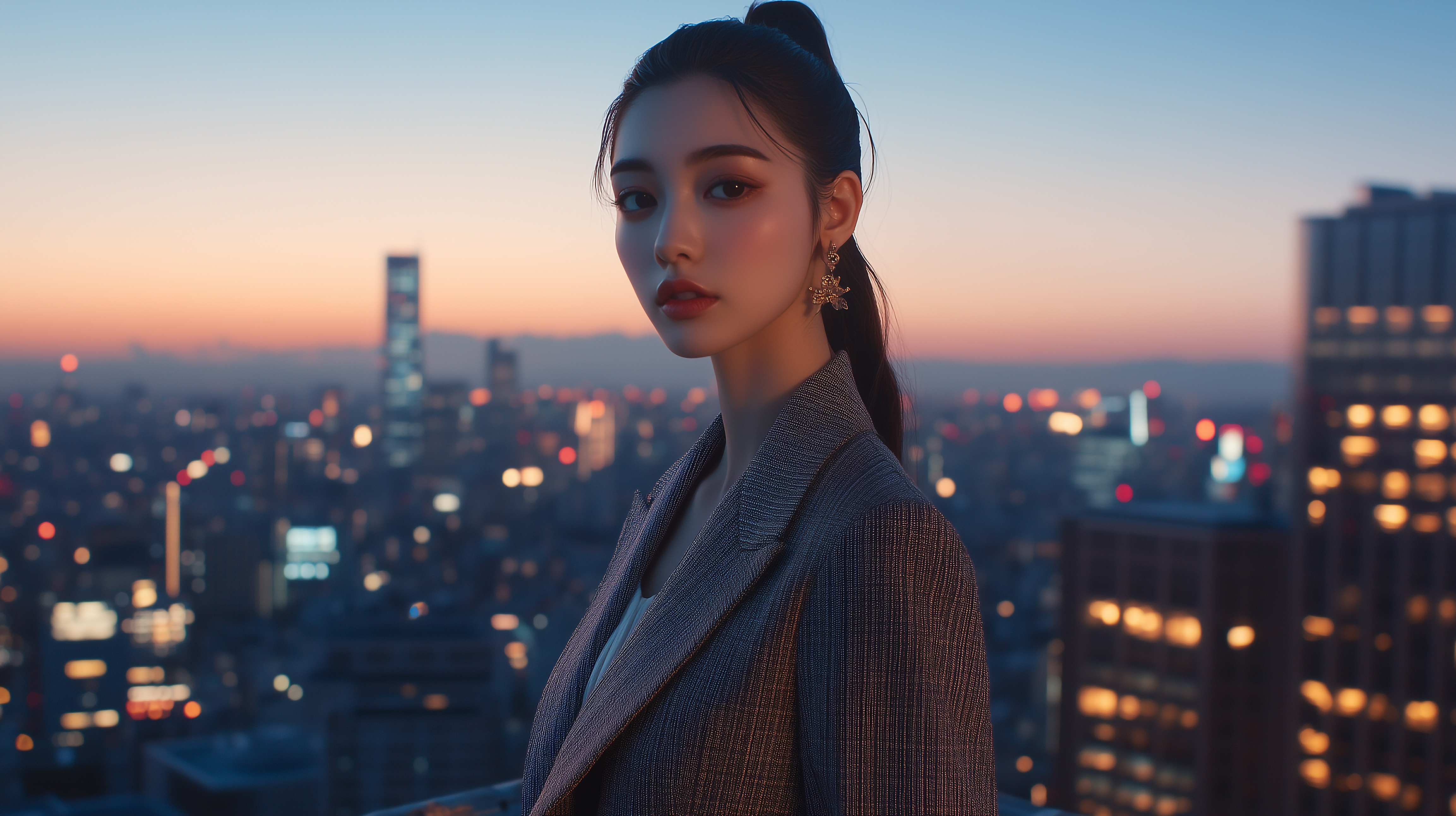 高層ビルの夜景と女性