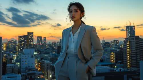 夕暮れの都市とスーツ姿の女性