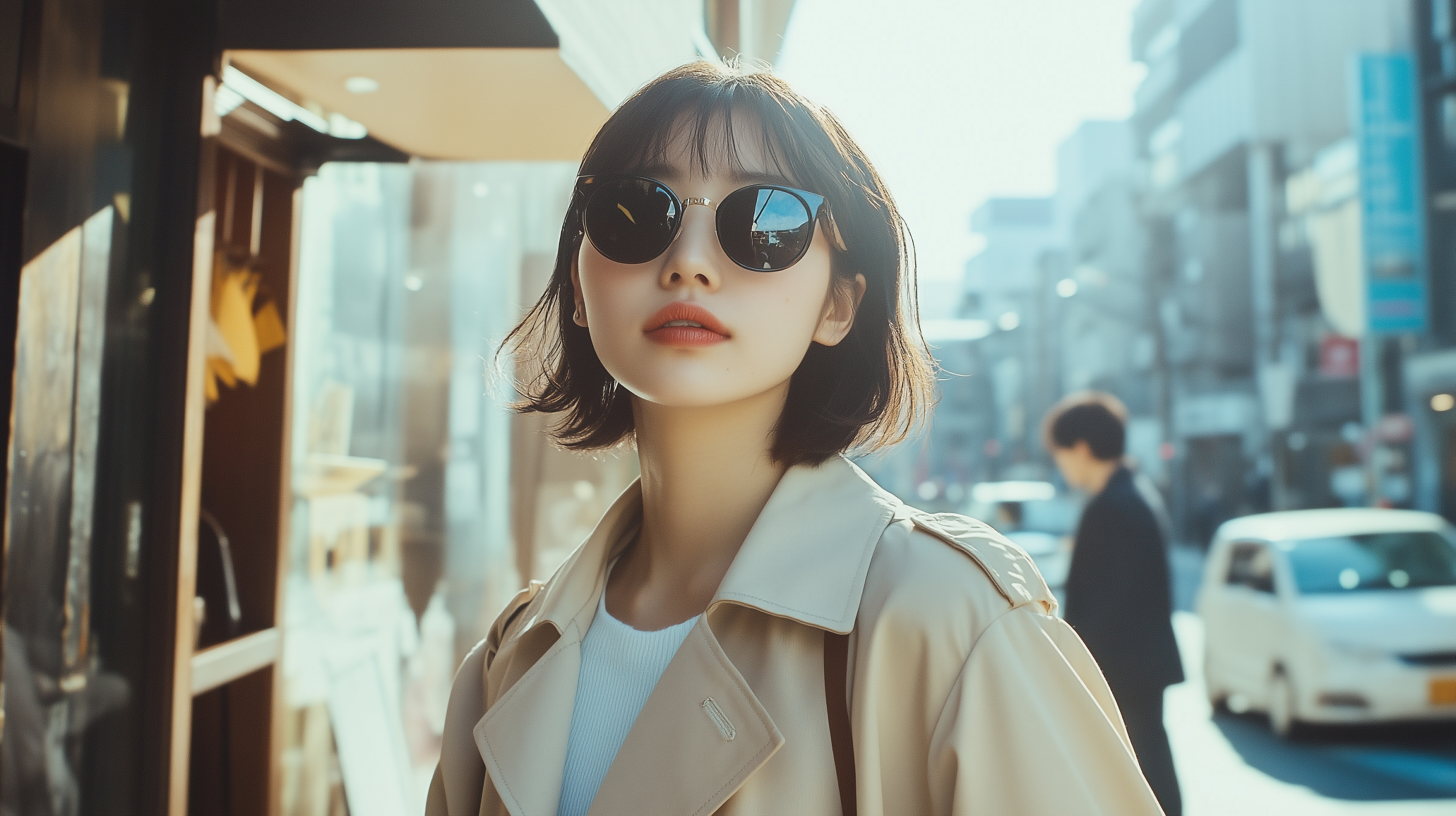 都会を歩く黒いサングラスの女性