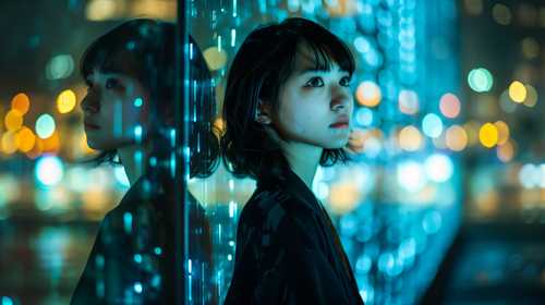 夜の街と幻想的な反射