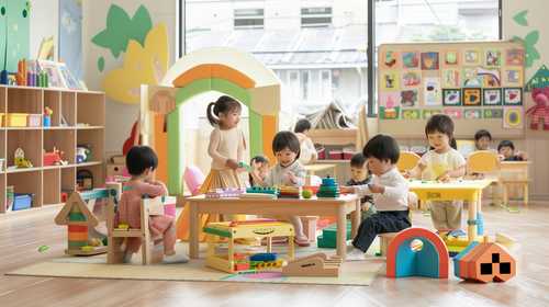 カラフルな保育園で遊ぶ子どもたち