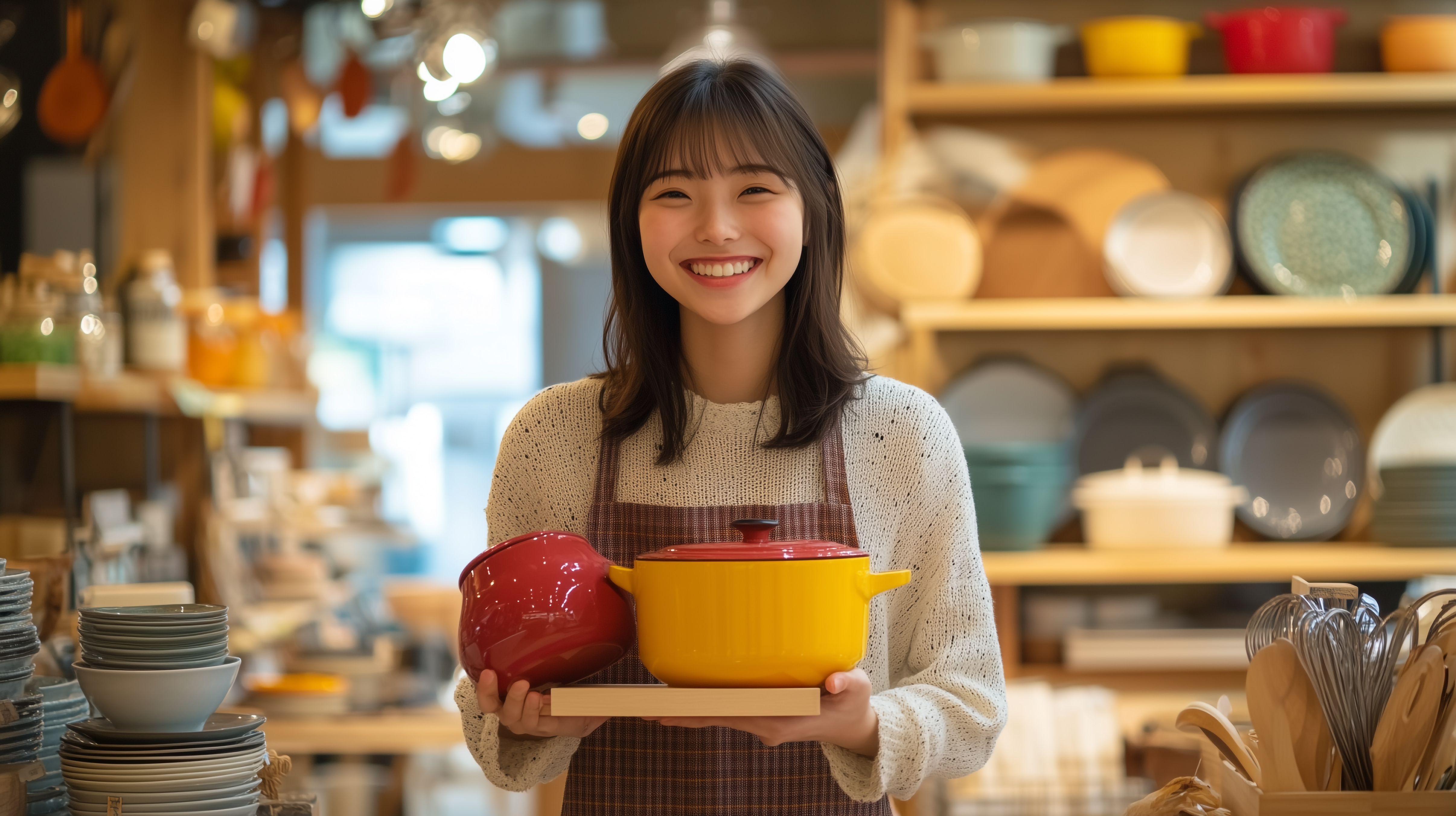 キッチン用品店で働く笑顔の女性