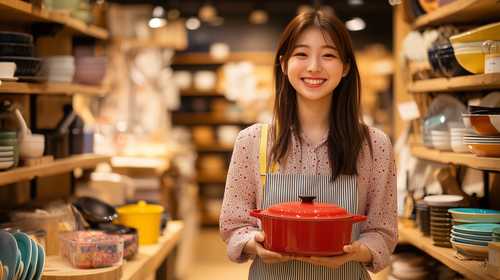 キッチン雑貨店で鍋を持つ女性