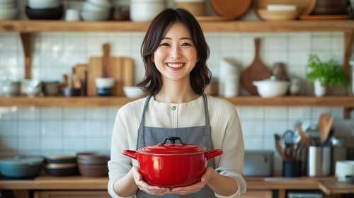 キッチンで赤い鍋を持つ笑顔の女性