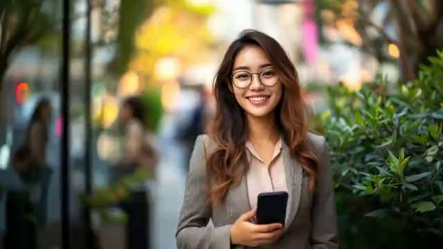 笑顔でスマホを持つメガネの女性映像