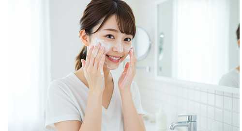 洗顔中に微笑む女性