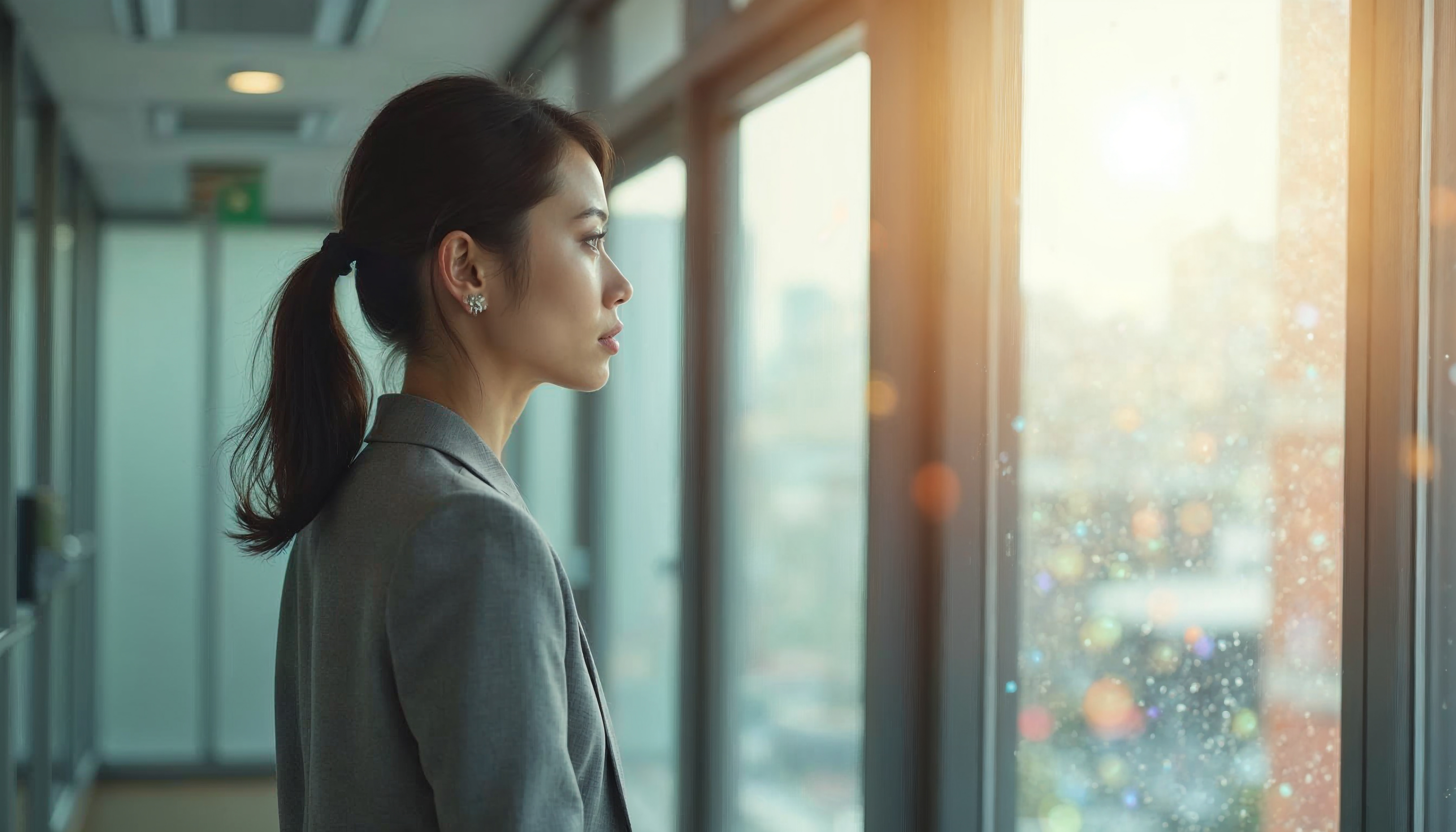 窓の外を見つめる女性社員