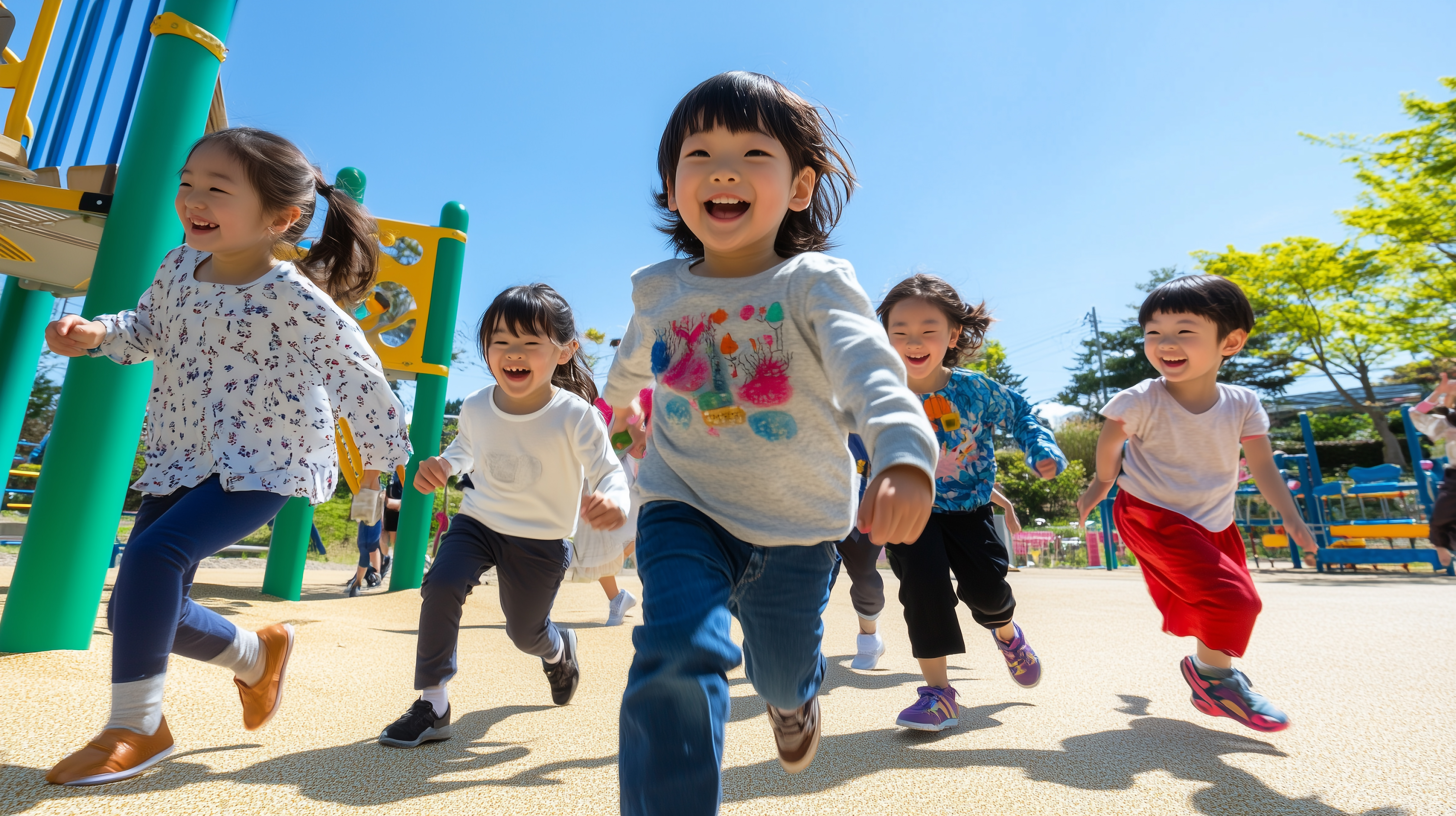 青空の下で駆ける子どもたち
