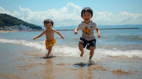 波打ち際ではしゃぐ兄弟