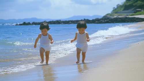 海辺を歩く双子の幼児