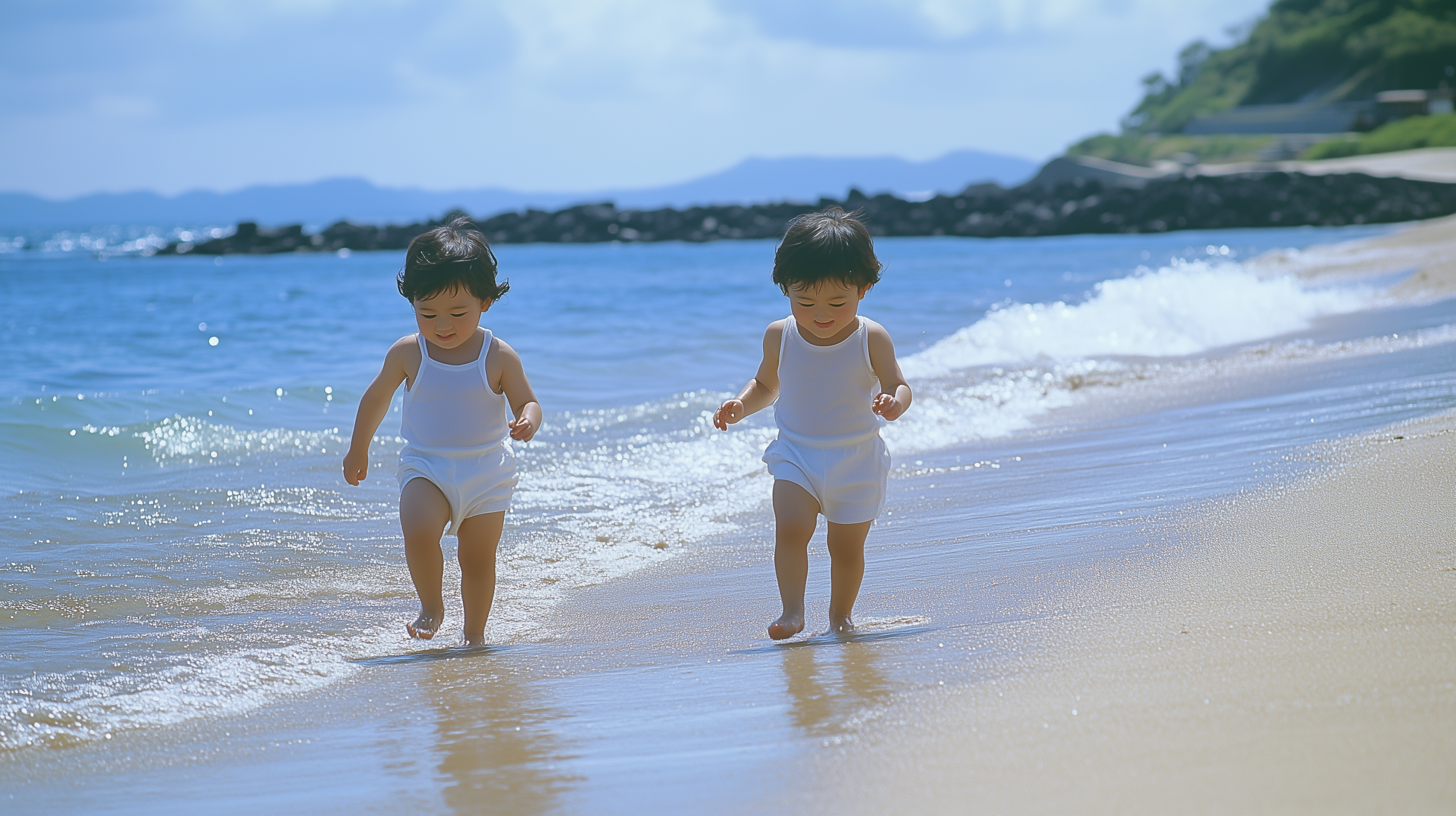 海辺を歩く双子の幼児