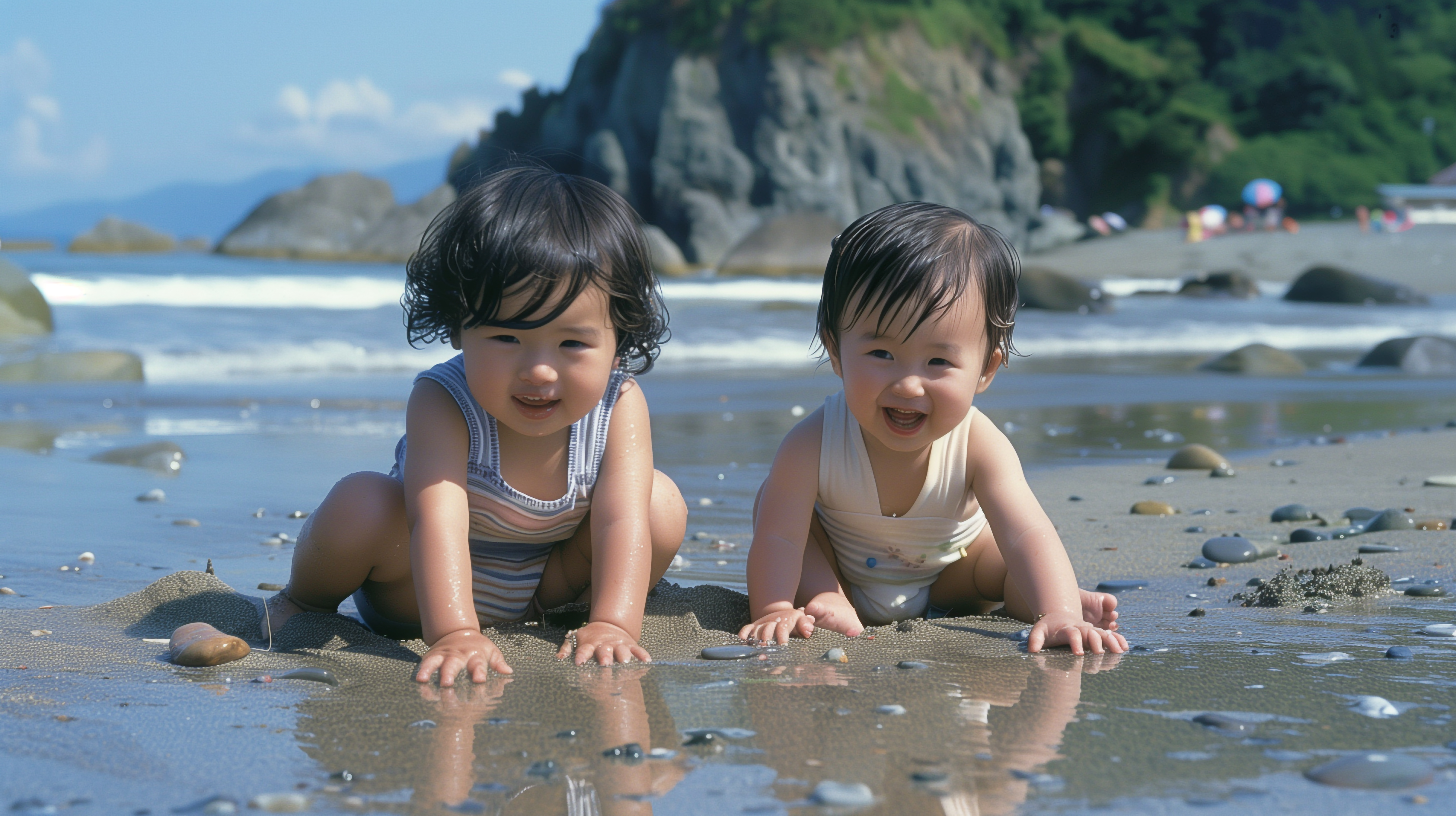 潮だまりで遊ぶ赤ちゃん
