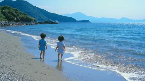 海を見つめる幼い兄妹