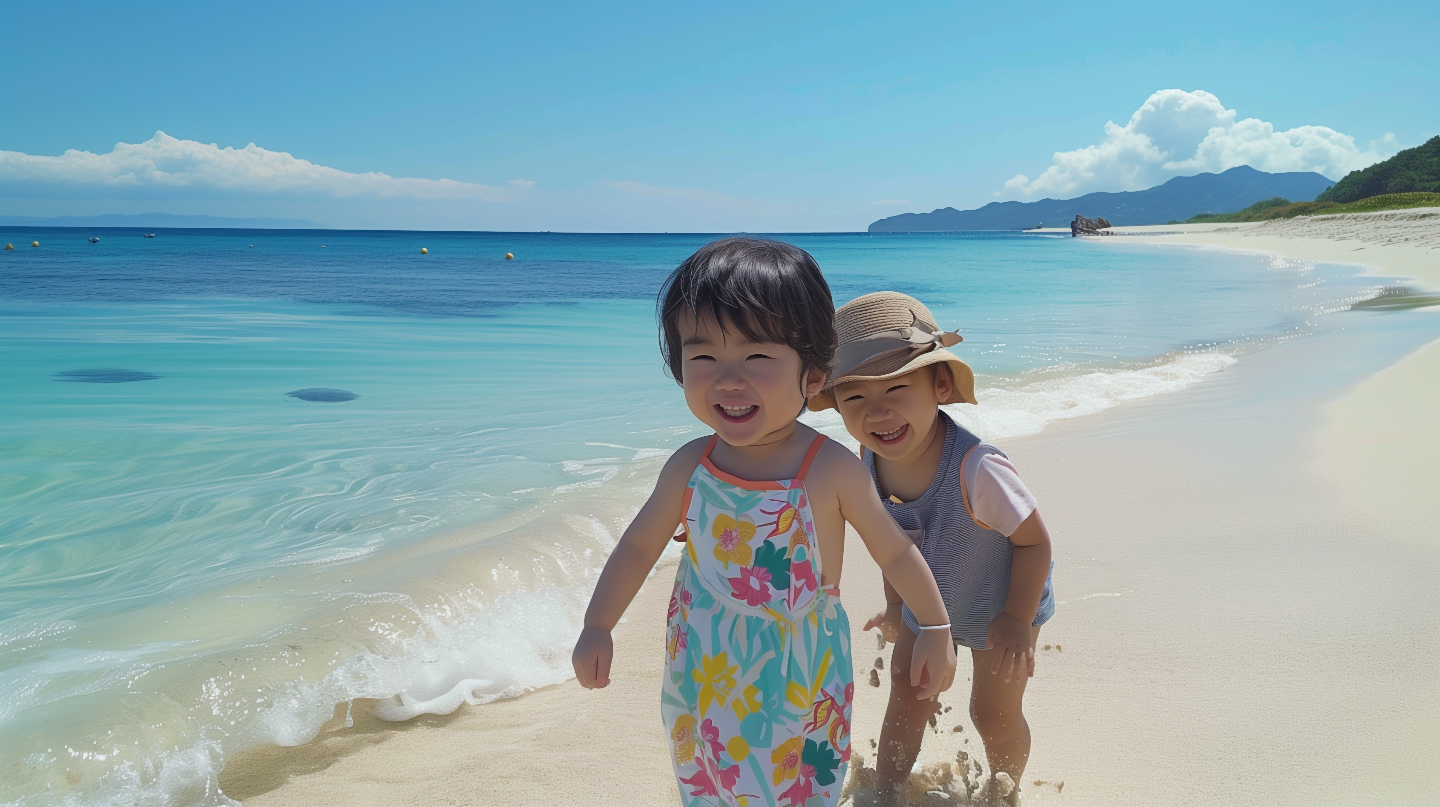 白い砂浜ではしゃぐ子どもたち